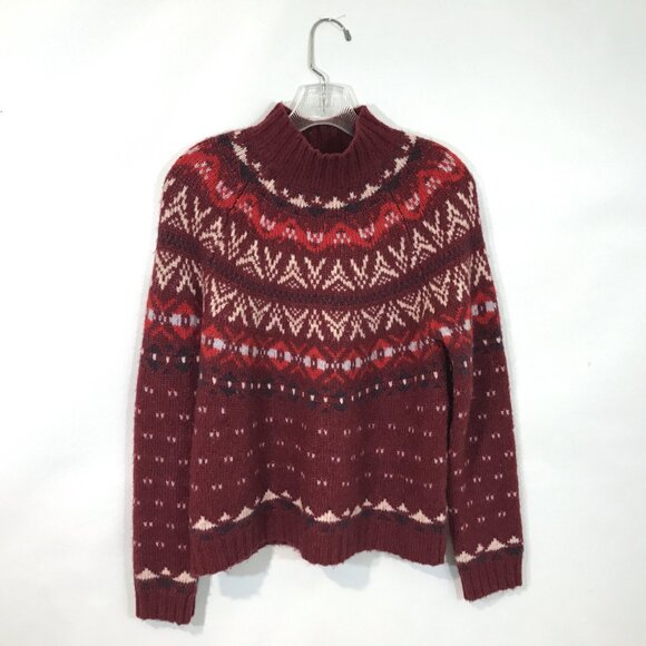 American Eagle Wool Blend Sweater Fair Isle Mock Burgundy Multicolor Women S - Picture 2 of 12